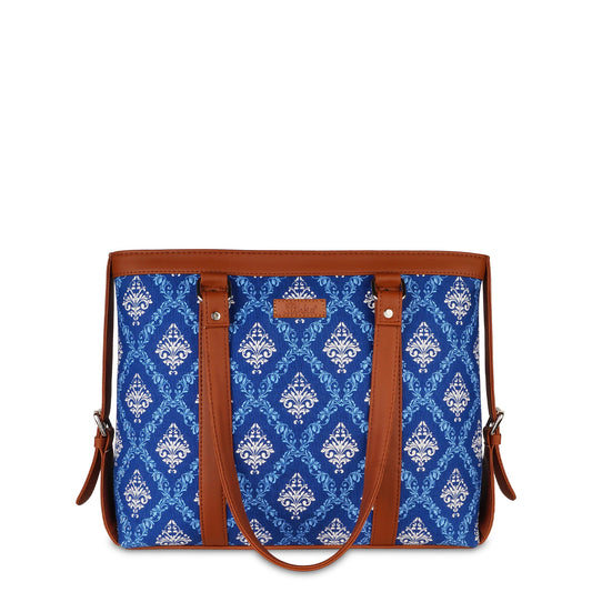 Women’s Blue Laptop Tote Bags with Vegan Leather Trim – Wholesale