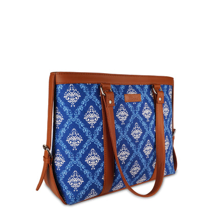 Women’s Blue Laptop Tote Bags with Vegan Leather Trim – Wholesale