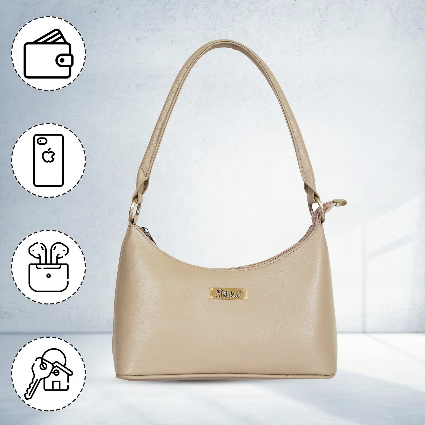 Taupe Genuine Leather Hobo Shoulder Handbags Wholesale for Women