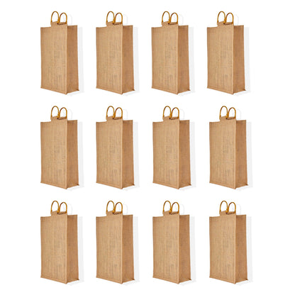 Jute Wine Gift Bags with Cane Handles – 2 Bottle Burlap Totes for Celebrations & Events, Wholesale (Pack of 12)