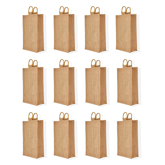 Jute Wine Gift Bags with Cane Handles – 2 Bottle Burlap Totes for Celebrations & Events, Wholesale (Pack of 12)