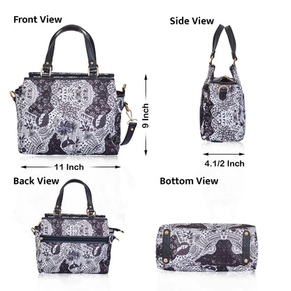 Wholesale Women Monochrome Satchel Fabric Bag - Fabric with Leather Trim