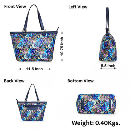 Wholesale Women Botanical Fabric Tote Bag - Fabric with Leather Trim Zip Closure