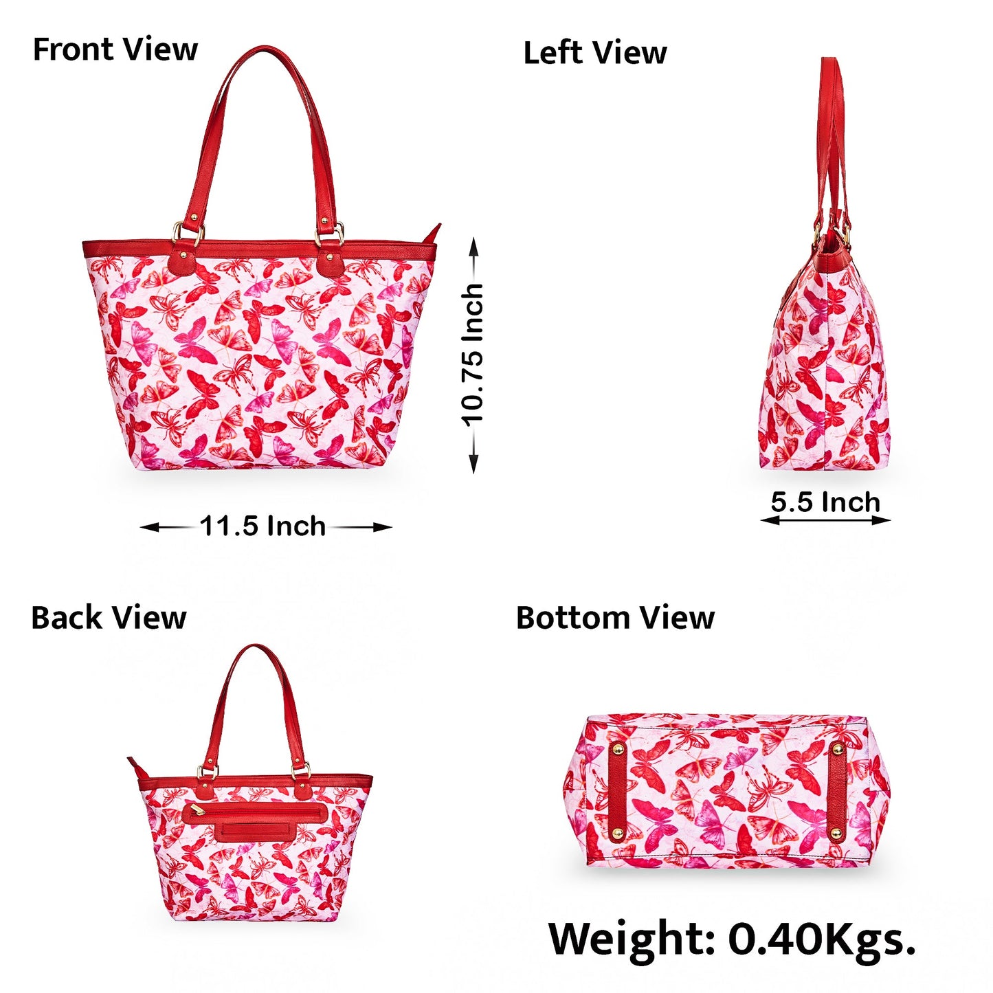 Wholesale Women Butterfly  Fabric Tote Bag - Fabric with Leather Trim Zip Closure