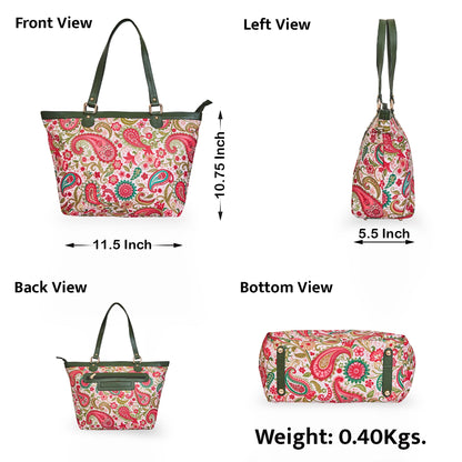 Wholesale Women Paisley Tote Bag - Fabric with Leather Trim Zip Closure Tote Bag