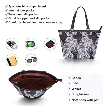 Wholesale Women Monochrome Fabric Tote Bag - Fabric with Leather Trim