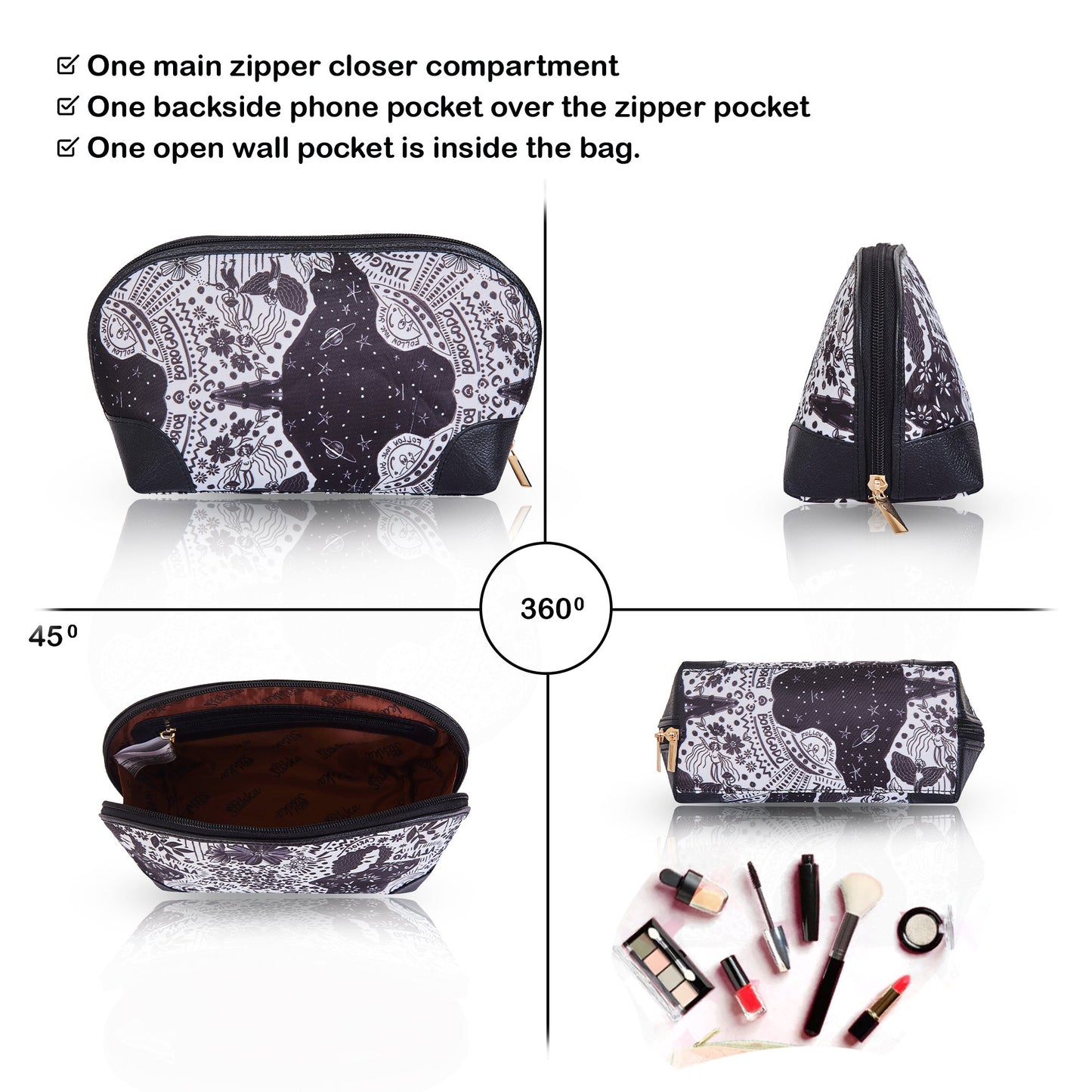 Women's Wholesale Monochrome Cosmetic Bag in - Fabric with Leather Trim Style