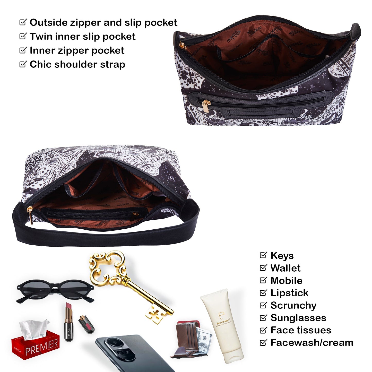 Wholesale Monochrome Sling Hobo Bag - Fabric with Leather Trim for Women