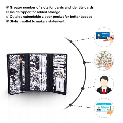 Wholesale Black White Trifold Wallet - Fabric with Leather Trim for women