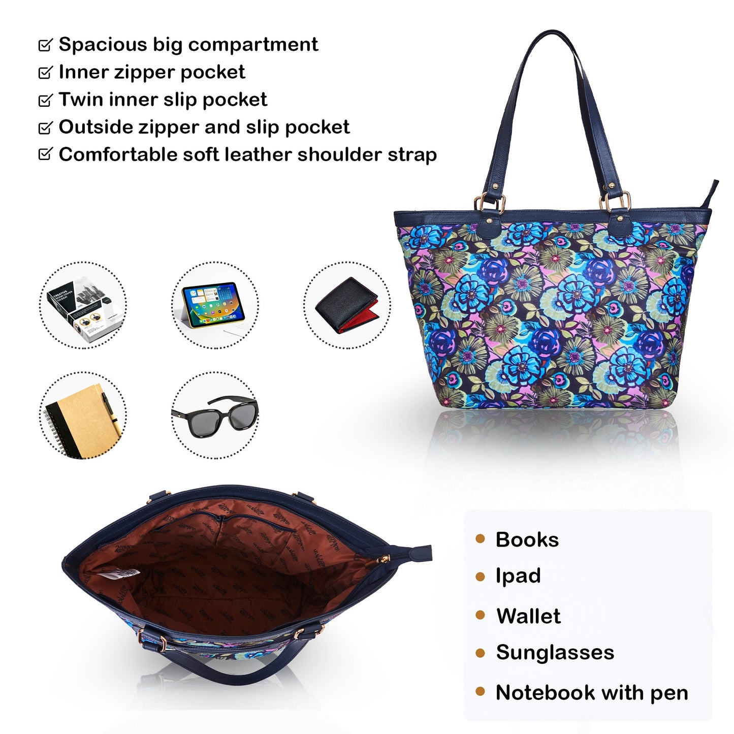 Wholesale Women Botanical Fabric Tote Bag - Fabric with Leather Trim Zip Closure