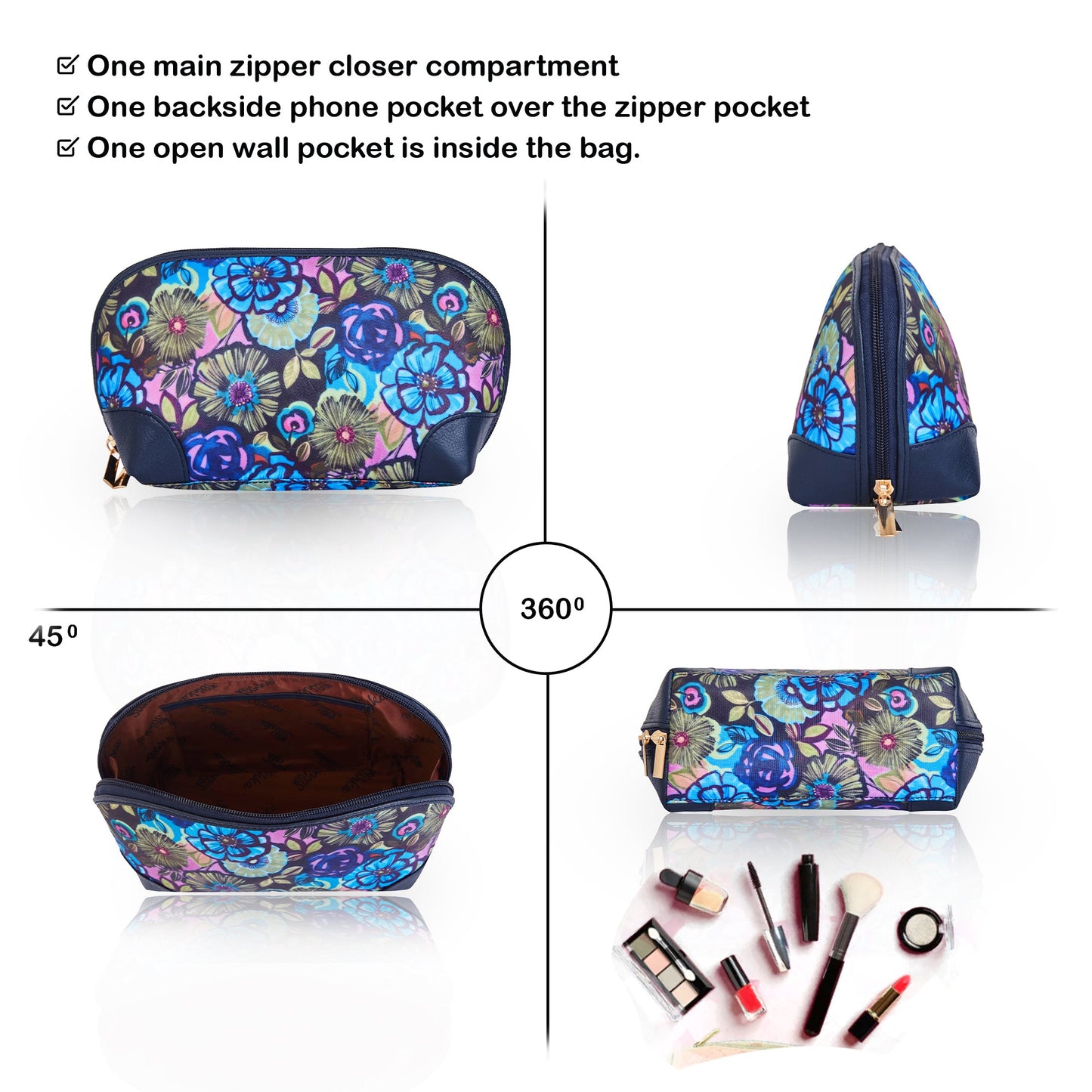 Women's Wholesale Floral Cosmetic Travel Bag - Fabric with Leather Trim Use