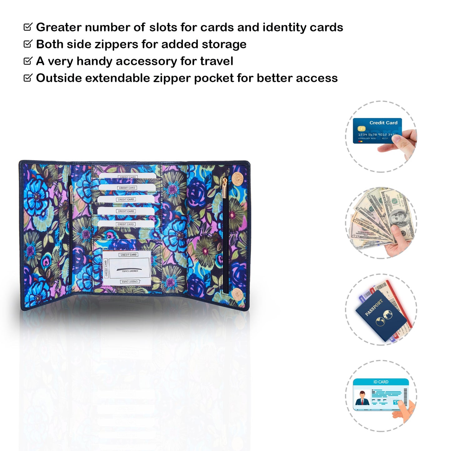 Wholesale Floral Tri-Fold Wallet - Fabric with Leather Trim For Women