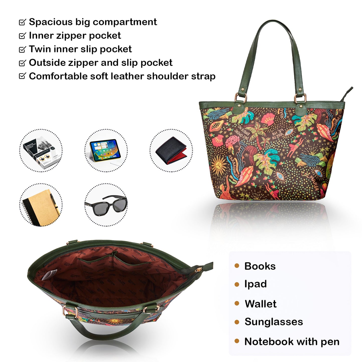 Wholesale Women Coastal Fabric Tote Bag - Fabric with Leather Trim Zip Closure