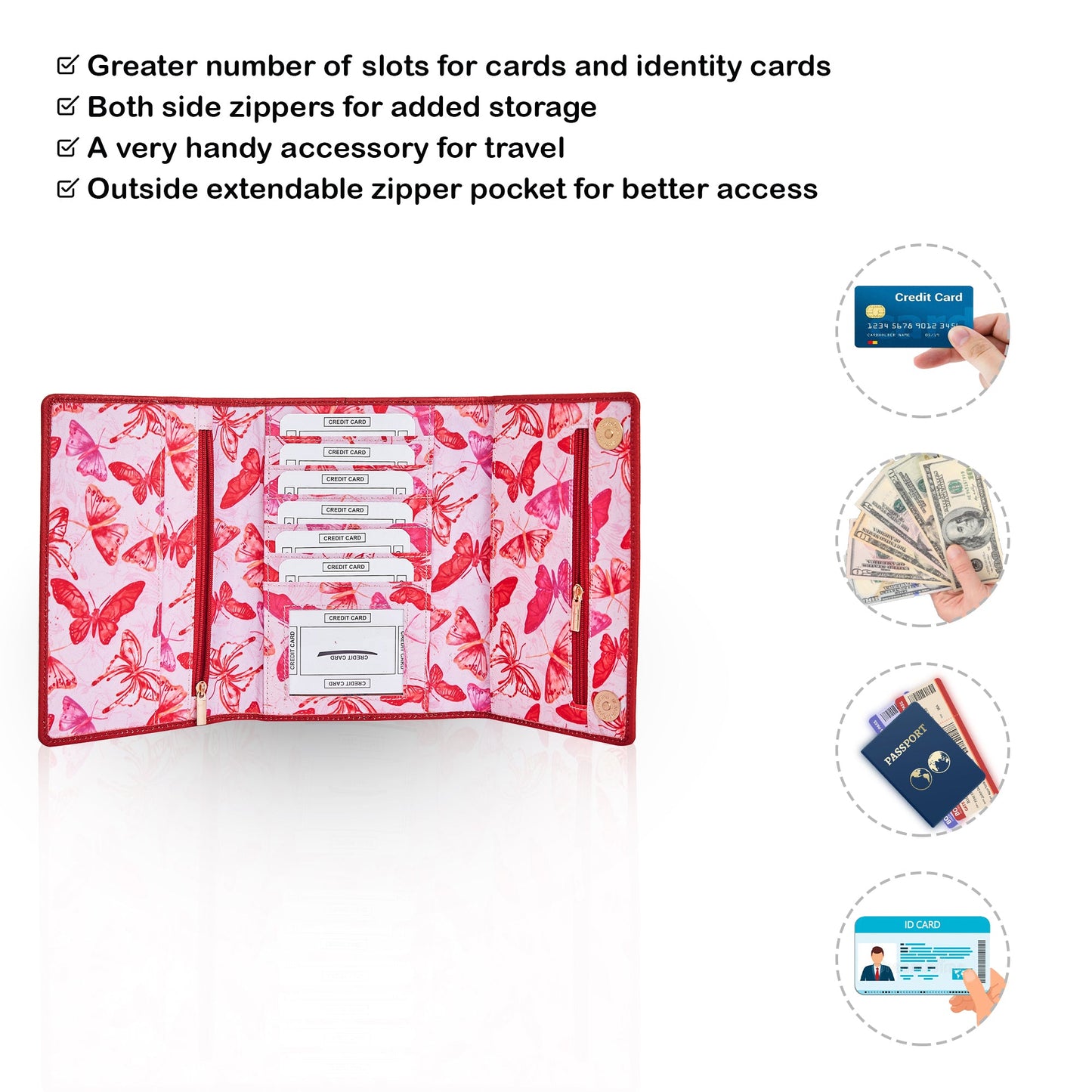 Wholesale Butterfly Travel Organizer Wallet - Fabric with Leather Trim for Women