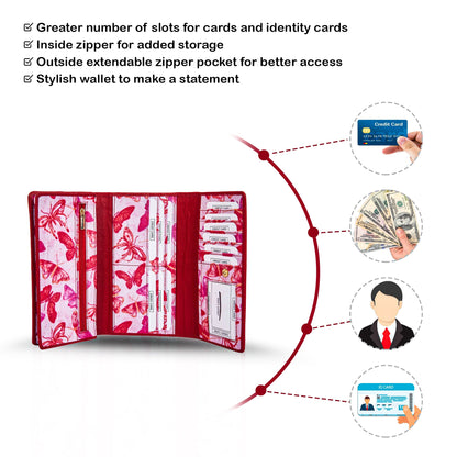 Wholesale Colorful Butterfly Trifold Wallet - Fabric with Leather Trim for Women