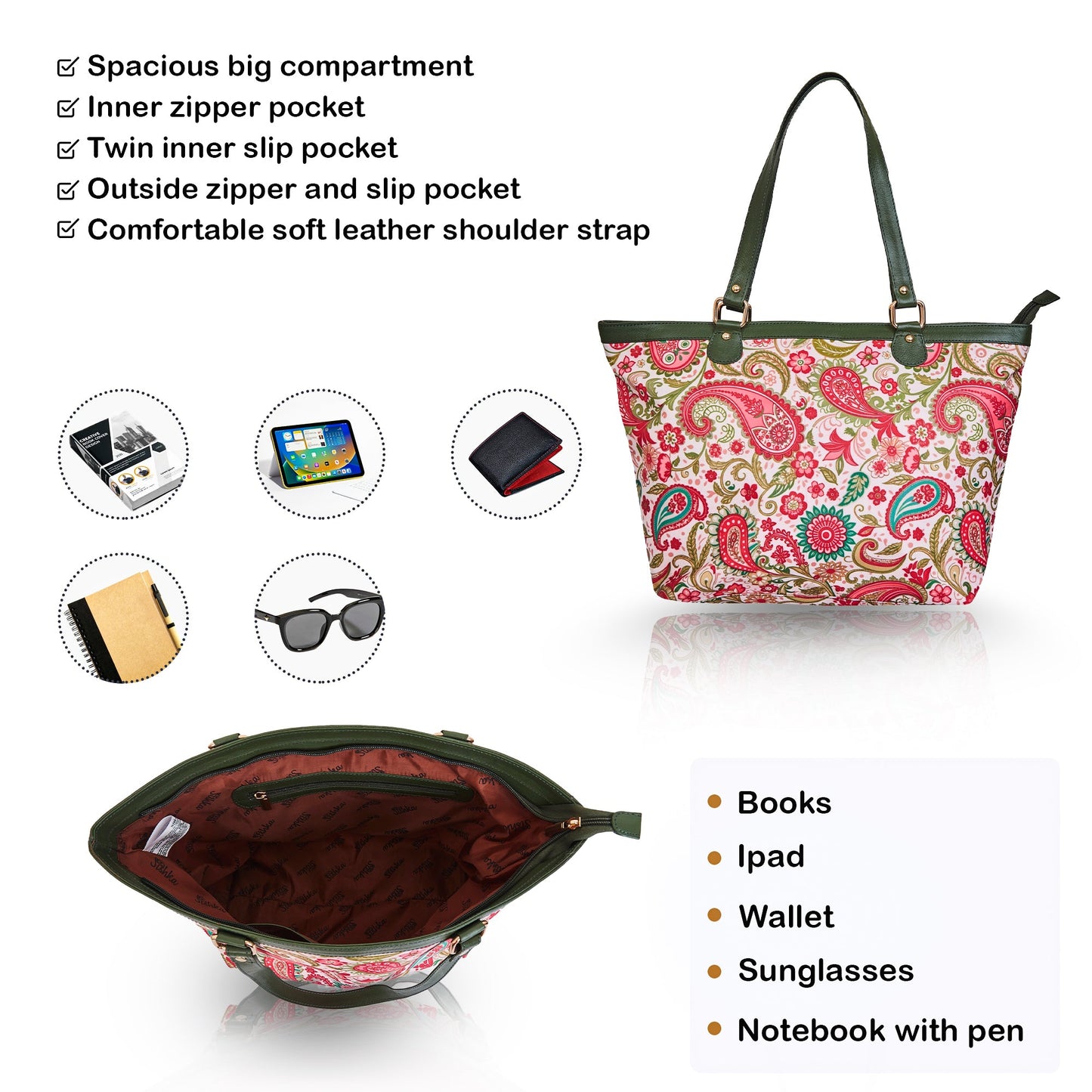 Wholesale Women Paisley Tote Bag - Fabric with Leather Trim Zip Closure Tote Bag