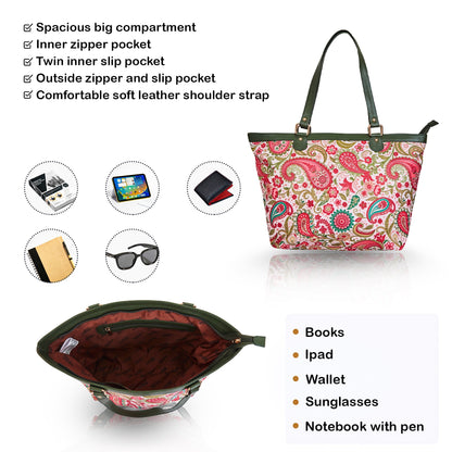 Wholesale Women Paisley Tote Bag - Fabric with Leather Trim Zip Closure Tote Bag