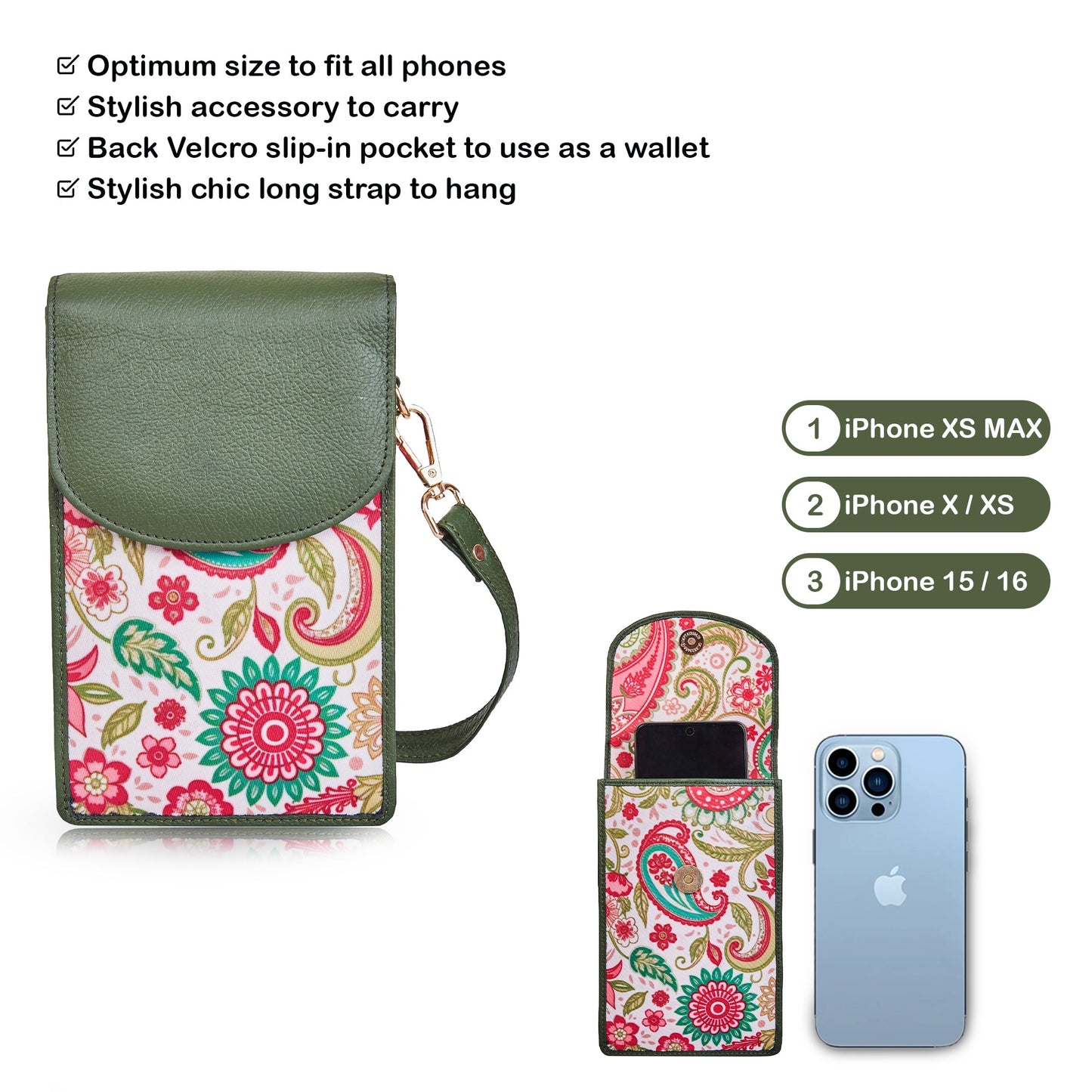 Wholesale Women's Paisley Crossbody Phone Wallet - Fabric with Leather Trim
