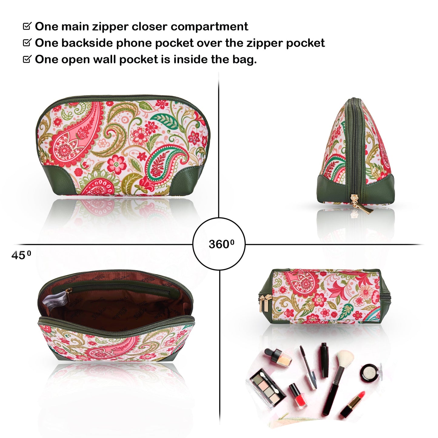 Women's Wholesale Paisley Cosmetic Bag - Fabric with Leather Trim for Travel