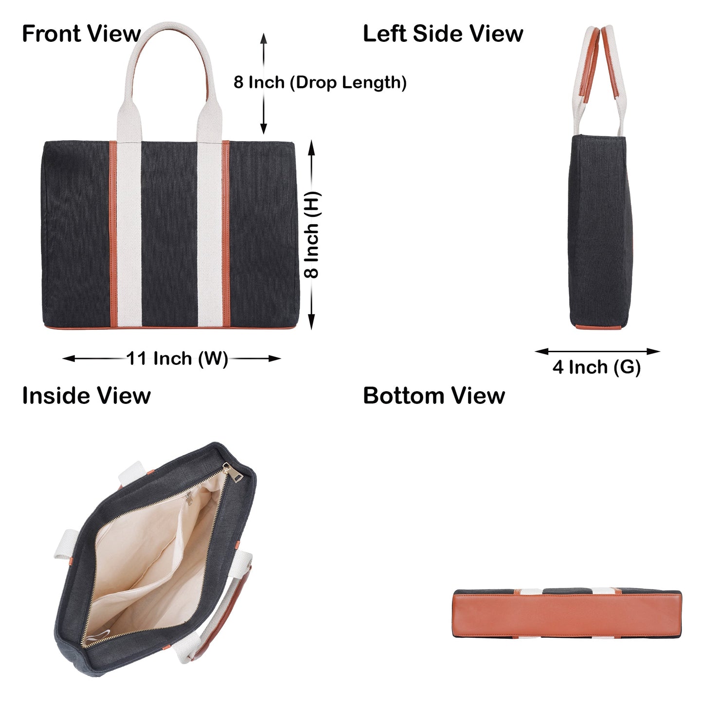 Wholesale  Black Canvas Tote Handbag with Zipper Strap