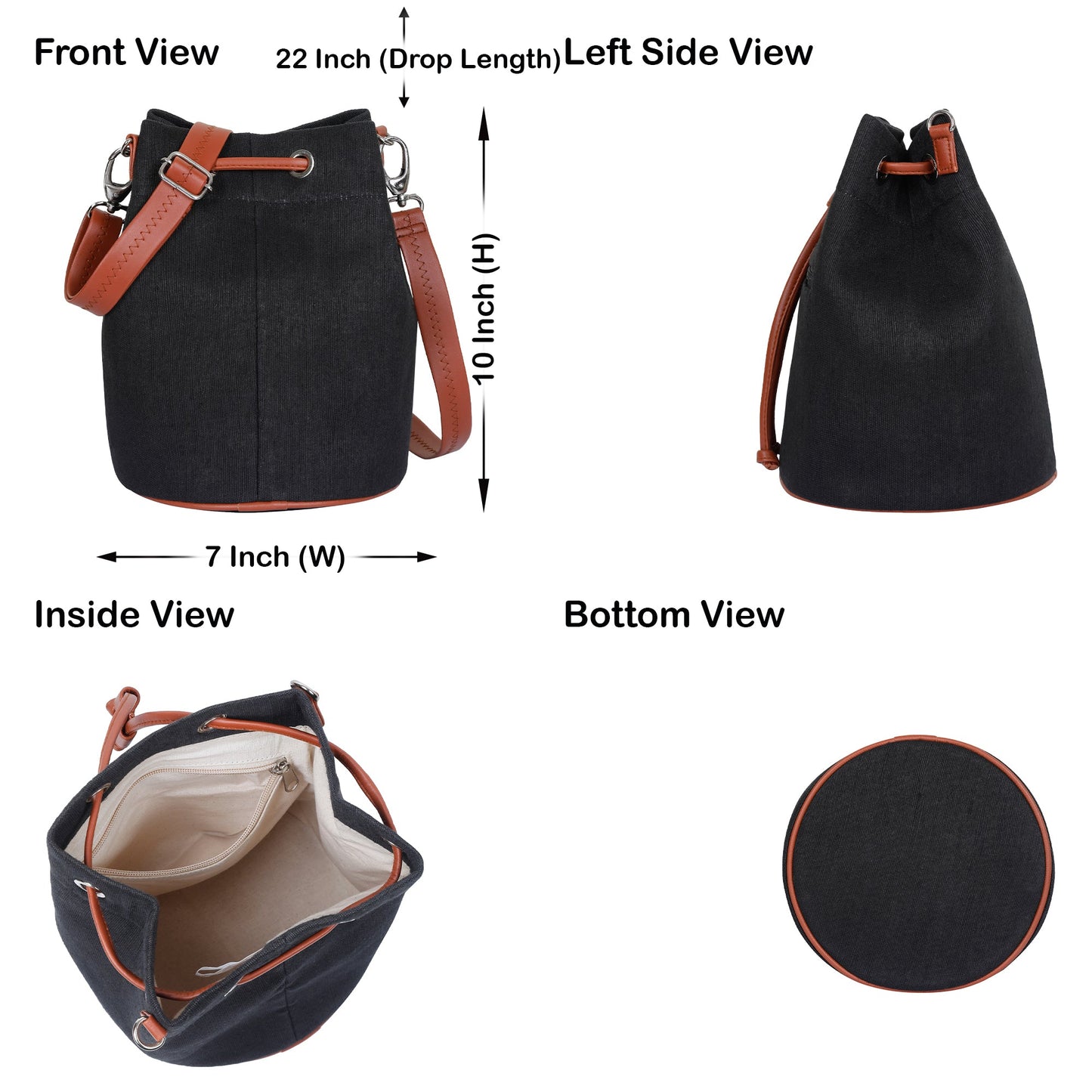 Wholesale  Black Canvas Bucket Crossbody Sling  with Vegan Leather