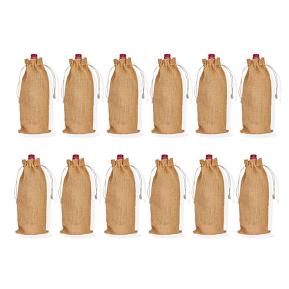 Wholesale Reusable Jute Wine Bottle Bags – Burlap Drawstring Pouches for Gifting & Events (Pack of 12)