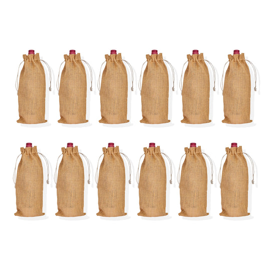 Wholesale Reusable Jute Wine Bottle Bags – Burlap Drawstring Pouches for Gifting & Events (Pack of 12)