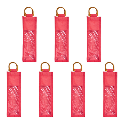Wholesale Coloured Jute Wine Gift Bags with PVC Window – Reusable Single Bottle Carriers for Parties & Celebrations (Pack of 7)