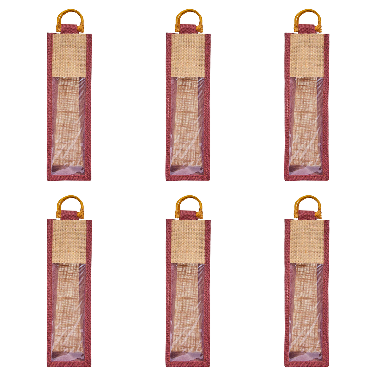 Jute Wine Gift Bags with PVC Window – Wholesale Single Bottle Carriers for Weddings & Events (Pack of 6)