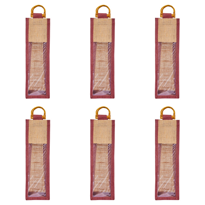 Jute Wine Gift Bags with PVC Window – Wholesale Single Bottle Carriers for Weddings & Events (Pack of 6)