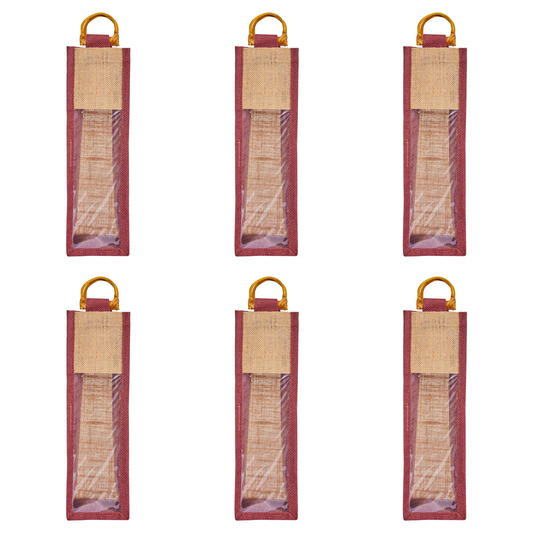 Jute Wine Gift Bags with PVC Window – Wholesale Single Bottle Carriers for Weddings & Events (Pack of 6)