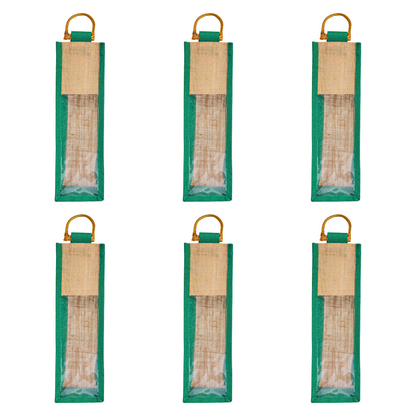 Jute Wine Gift Bags with PVC Window – Wholesale Single Bottle Carriers for Weddings & Events (Pack of 6)