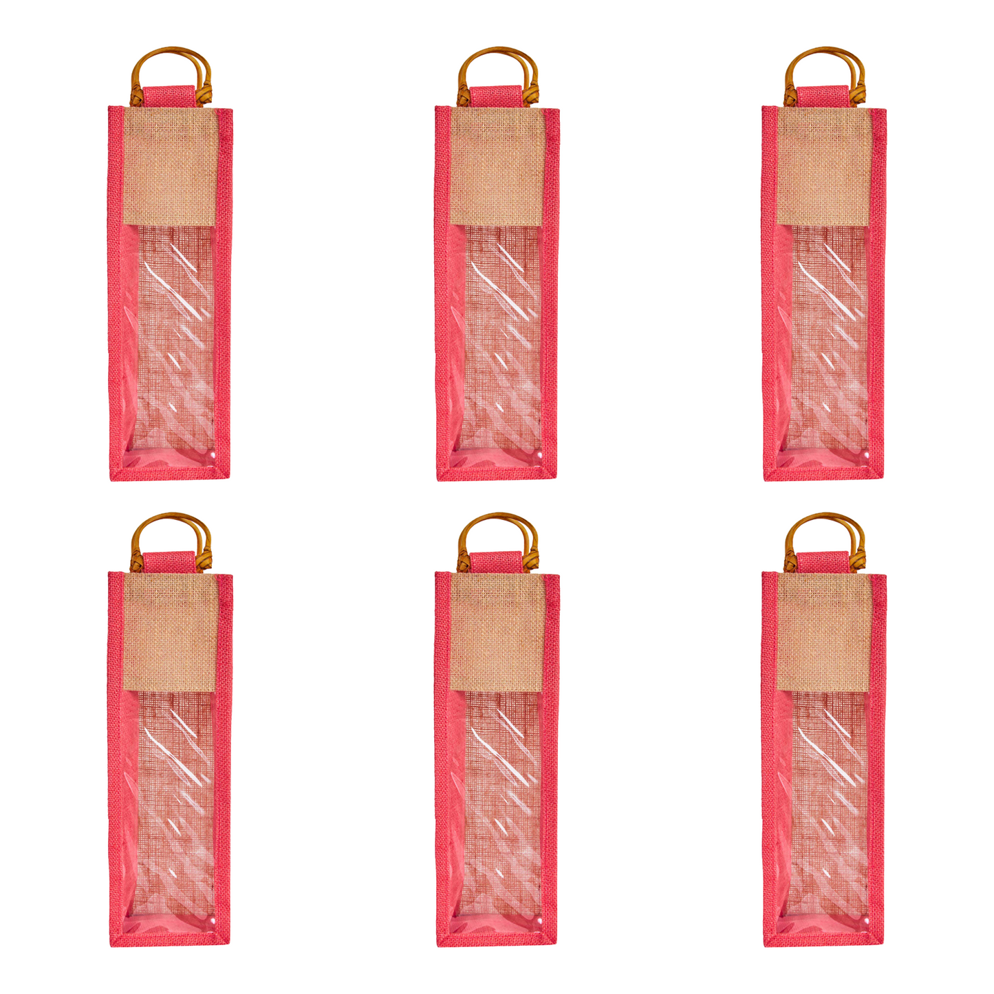 Jute Wine Gift Bags with PVC Window – Wholesale Single Bottle Carriers for Weddings & Events (Pack of 6)
