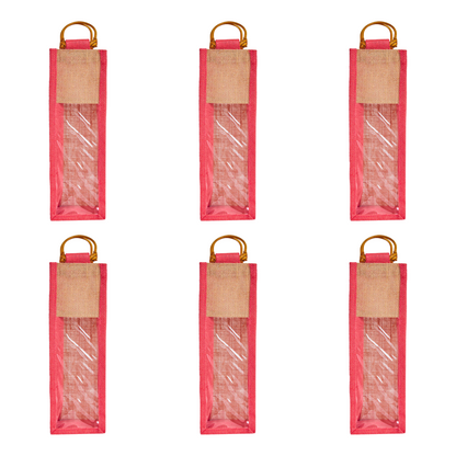 Jute Wine Gift Bags with PVC Window – Wholesale Single Bottle Carriers for Weddings & Events (Pack of 6)