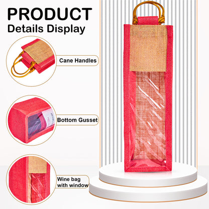 Jute Wine Gift Bags with PVC Window – Wholesale Single Bottle Carriers for Weddings & Events (Pack of 6)