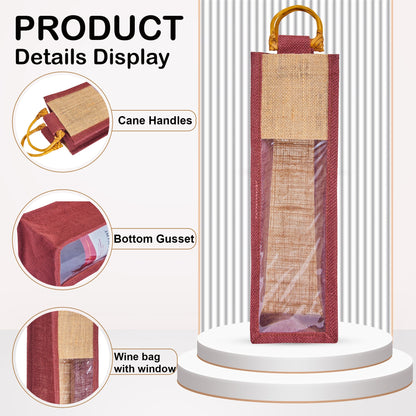 Jute Wine Gift Bags with PVC Window – Wholesale Single Bottle Carriers for Weddings & Events (Pack of 6)