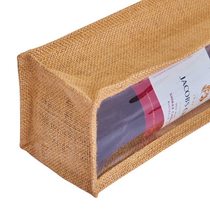 Natural Wholesale Jute Wine Bags with PVC Window – Reusable Single Bottle Bag for Weddings, Parties & Special Occasions (Set of 12)