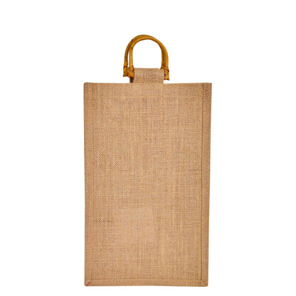 Jute Wine Gift Bags with Cane Handles – 2 Bottle Burlap Totes for Celebrations & Events, Wholesale (Pack of 12)